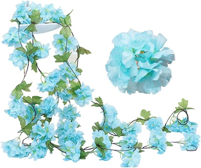 JaneYi 2 Pack 7.7ft Fake Cherry Vine Artificial Flowers Plant Hanging Silk Ivy Garland with Green Leaves for Indoor Outdoor Home Hotel Garden Wedding Party Craft Art Decor (Blue)