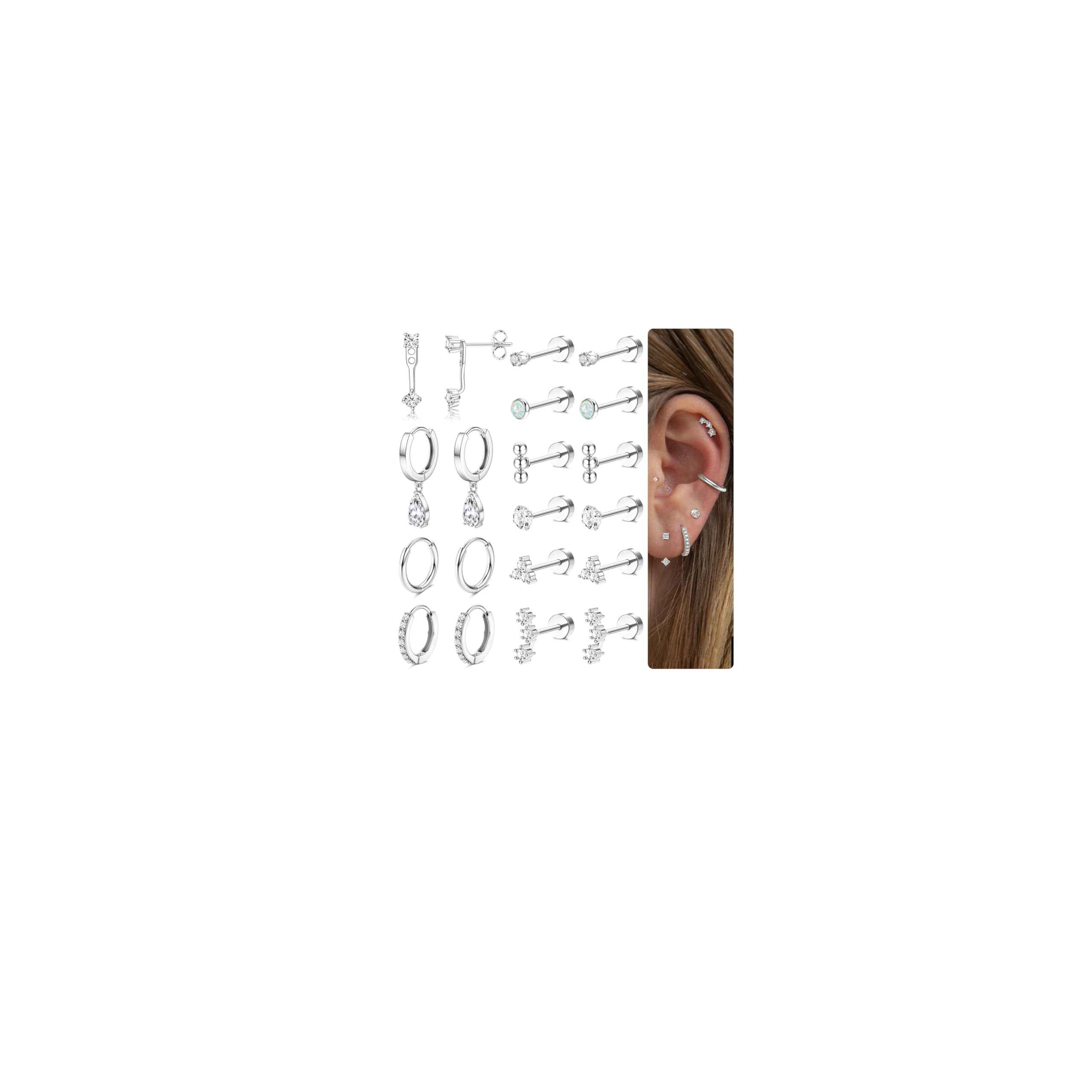 MILACOLATO Hypoallergenic Flat Back Earrings 14K Gold Plated Cartilage Earring Sets for Multiple Piercing 20G Surgical Stainless Steel