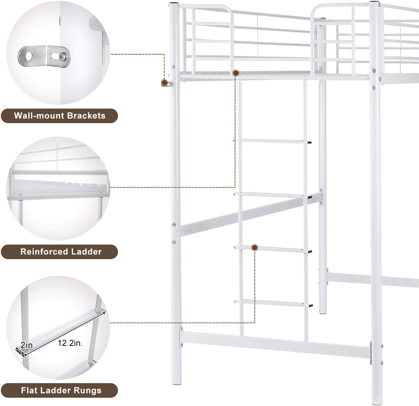 Bonnlo Metal Loft Bed with Stairs and Flat Rung, Junior Bed Full Size High Loft Bed for Kids/Teens/Adults, No Box Spring Required, White