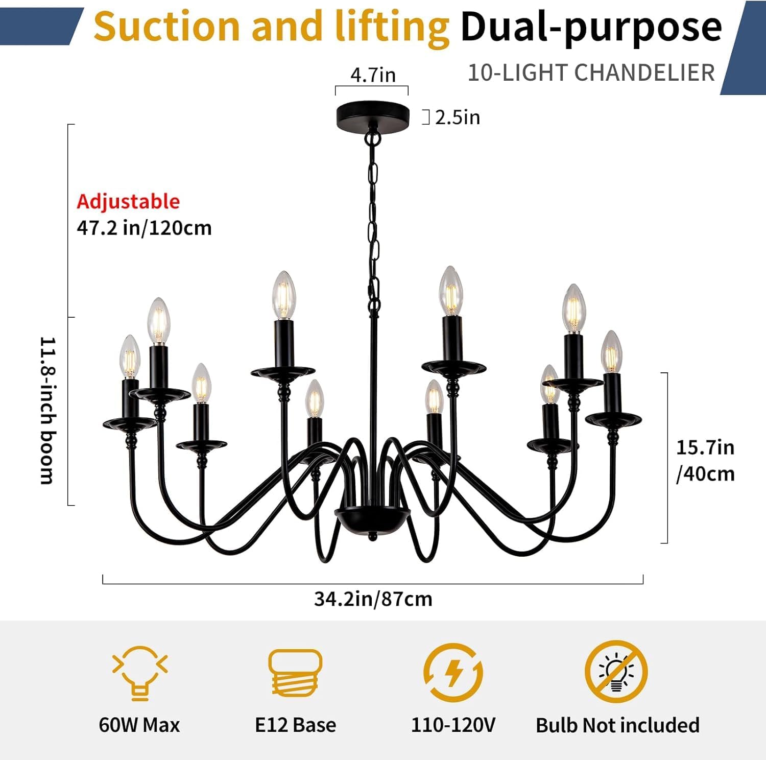 Black Farmhouse Chandeliers, 10 Light S-Arm Modern Candle Hanging Pendant Light, Industrial Rustic Metal Ceiling Kitchen Island Lights for Living Room, Entryway, Foyer, Bedroom, Dining Room