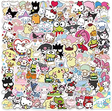 100Pcs Cute Stickers Pack Hello Kitty Stickers MyMelody&Kuromi Stickers Cinnamoroll Pompompurin Keroppi Pochaco Stickers Decals Assorteds Kawaii Sticker Gifts for Kids Teens Girls Adults