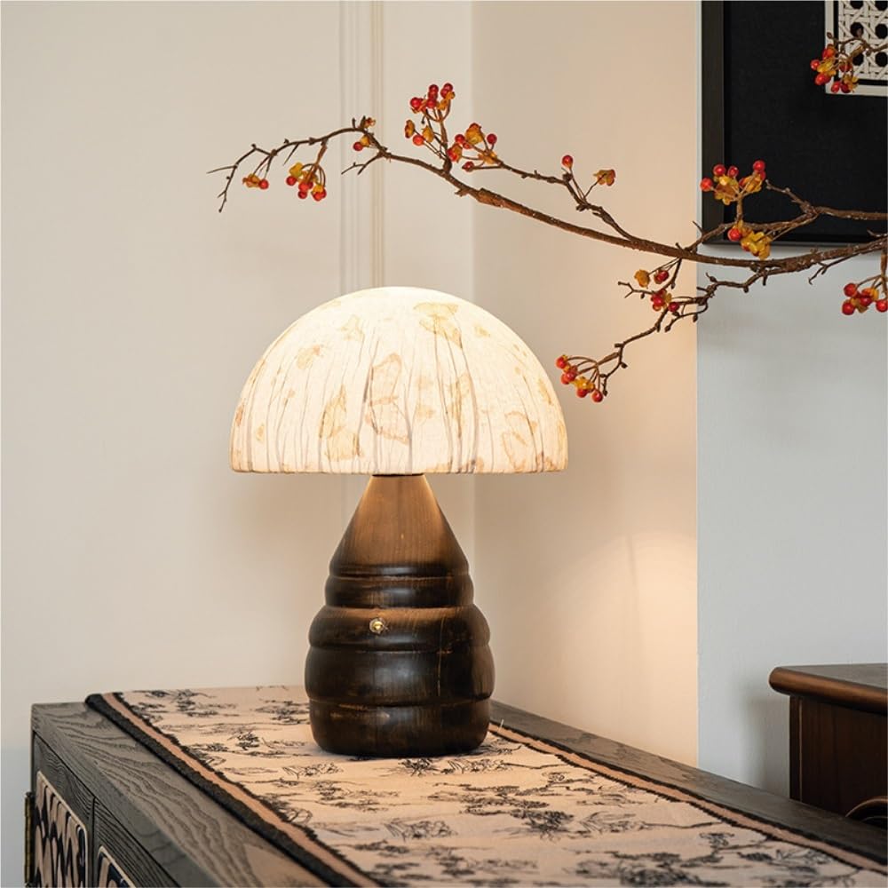 Lampada da tavolo in legno cinese, luce ambientale sul comodino | Legno massello, paralume in tessuto dipinto a mano, controllo touch, stile cinese, luce