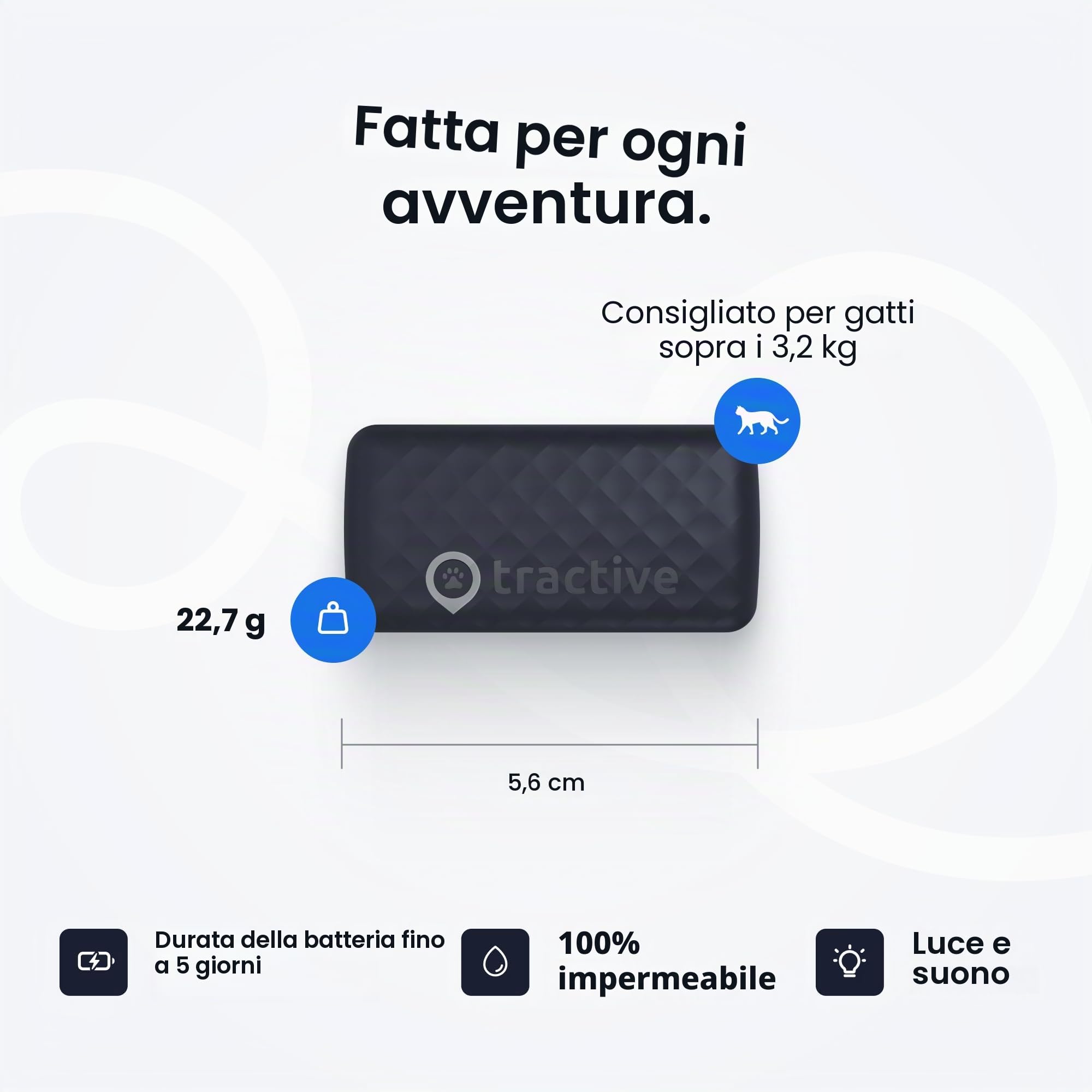 Tractive Localizzatore GPS e monitoraggio della salute per gatti (2,9 kg+) – Localizzatore di posizione GPS per animali domestici leader di mercato | Allerta benessere e fuga | Impermeabile | Funziona