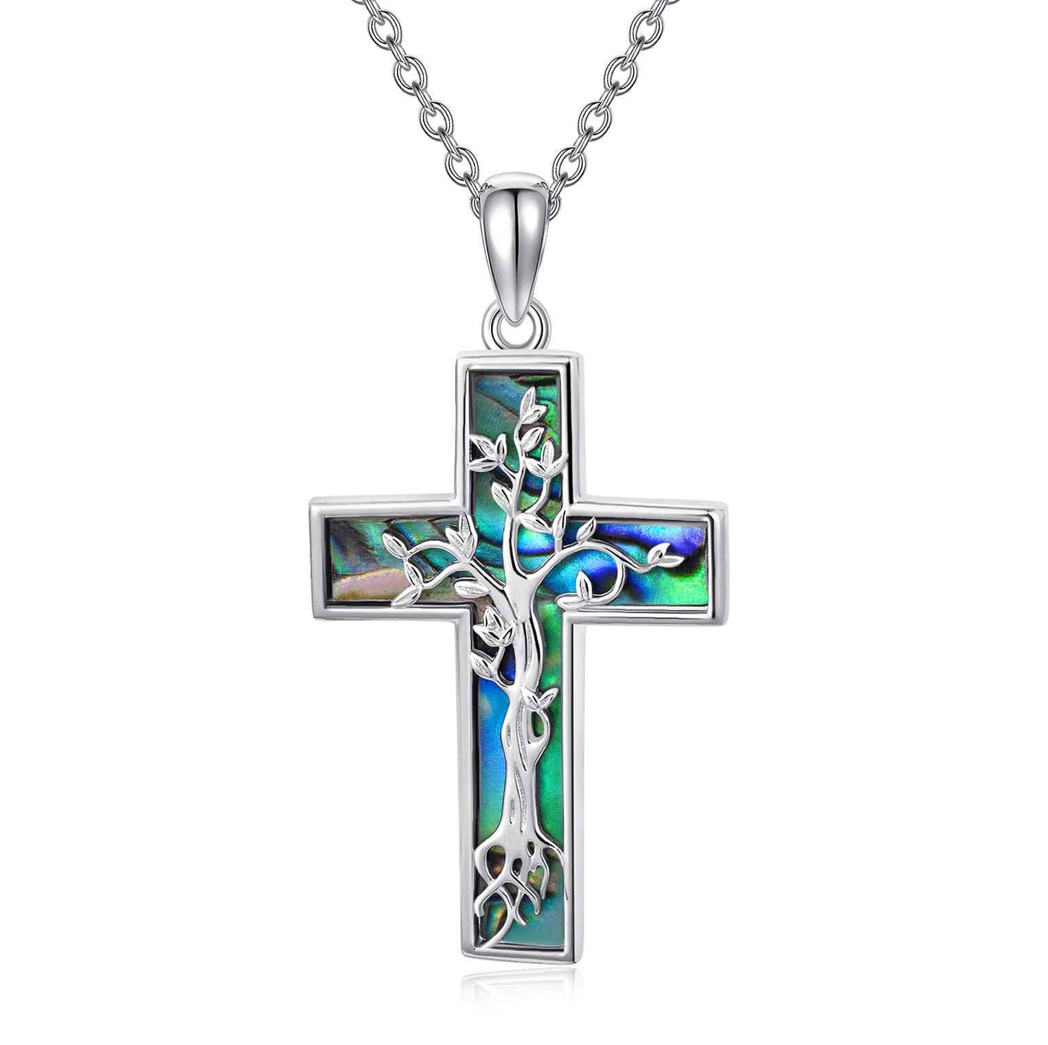 HARMONY BOLA Tree of Life Necklace 925 Sterling Silver Abalone Shell Tree of Life Pendant Necklace Cross Jewelry for Women