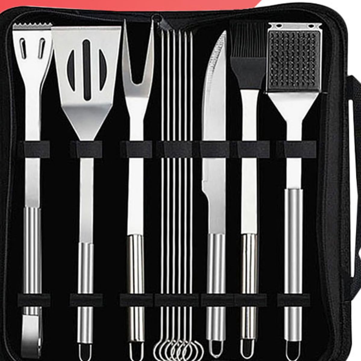 12 Stück Grillbesteck aus Edelstahl mit Tasche Schwarz | Camping und Picknick, Schaufel, Zange, Messer, Gabel, Pinsel, Stahlbürste, Spieß, Abschlussatmosph Re