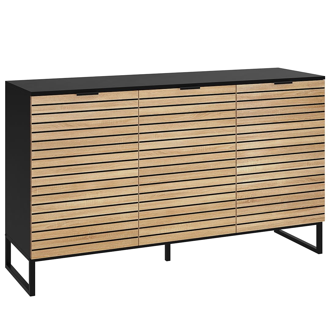 Bellamio Luvua Kommode mit 6 Fächern – Sideboard in schwarz mit Eichen-Front – Lowboard mit 3 Türen – Aufbewahrungskommode für Wohnzimmer, Schlafzimmer, Flur – Holz Schrank 80 x 40 x 135 cm (HxTxB)