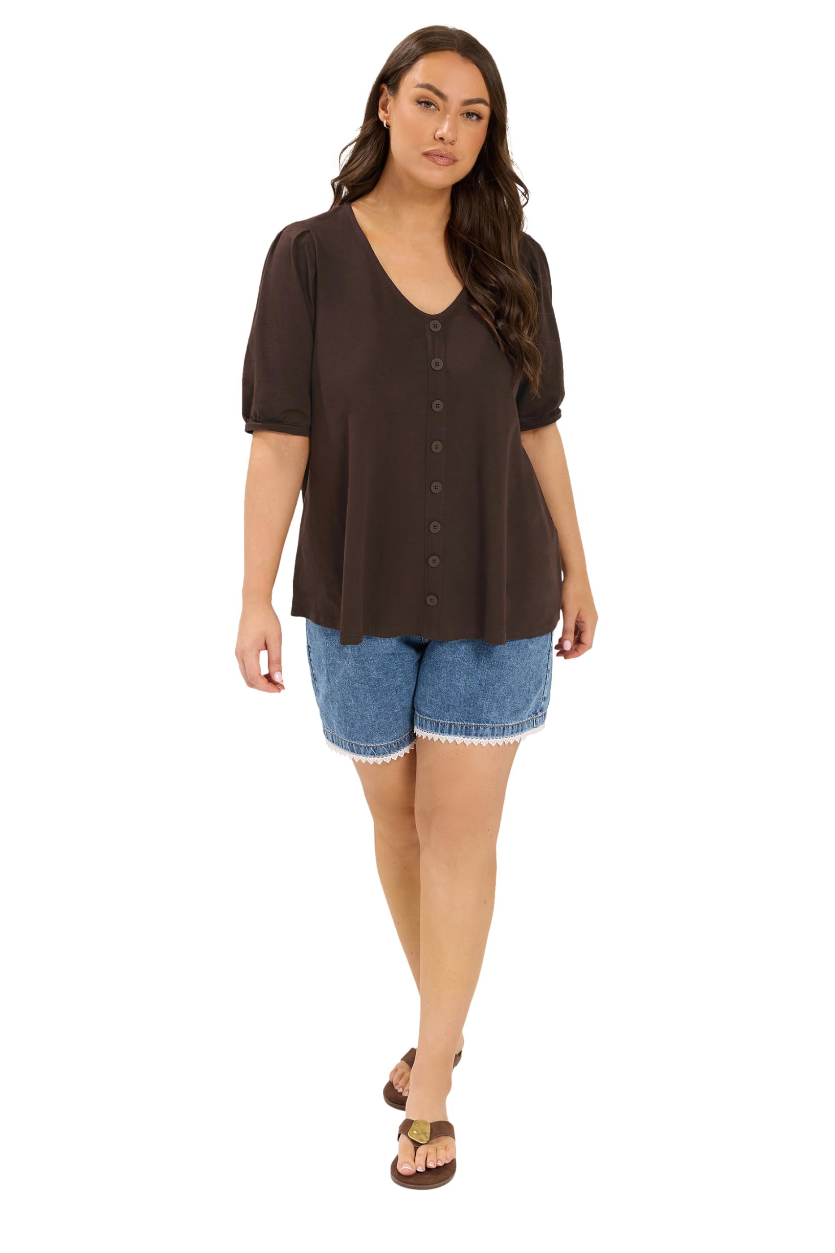 Yours Curve Brown Puff Sleeve Top - Women's - Plus Size Curve
