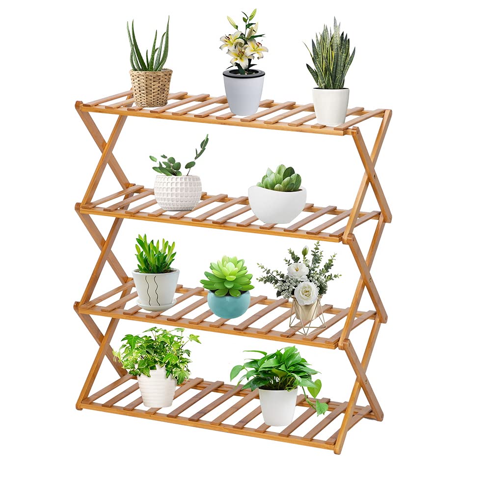 Yoperd Multi-Tier Adjustable Foldable Bamboo Plant Flower Stand Plant Shelf Standing Flower Pots Shelf Rack Display
