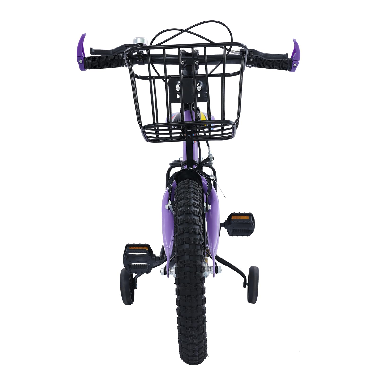 Vélo pour enfant de 14" avec roues stabilisatrices, porte-bagages et panier - Siège réglable en hauteur pour filles et garçons de 3 à 6 ans (violet)