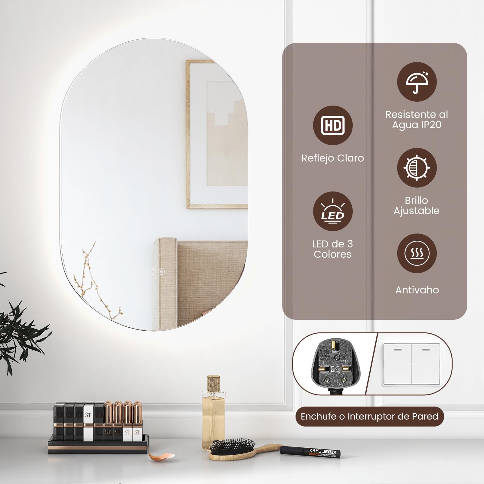 RELAX4LIFE Espejo de Baño 80x50 cm con Botón Táctil y Función Antivaho, Espejo con Luz LED de 3 Colores, Brillo Ajustable y Película a Prueba de Explosiones, Espejo sin Marco (Redondo)