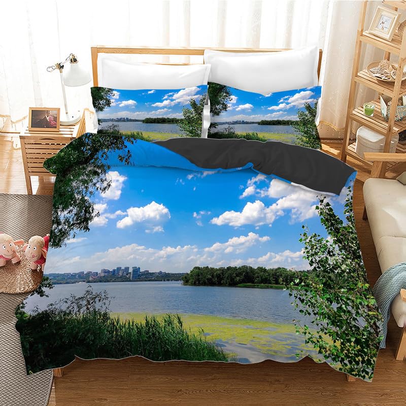 Housse de couette lac bleu 90x190 et taie pour lit enfant en microfibre douce