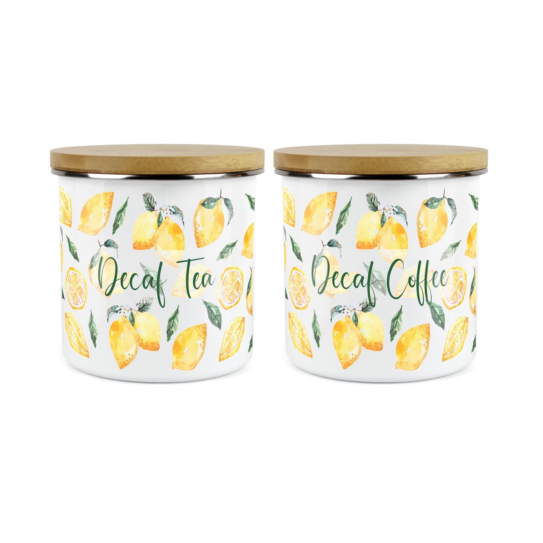 Lemons Print Decaf Tea & Decaf Coffee Storage Canisters - Enamel Kitchen Gifts