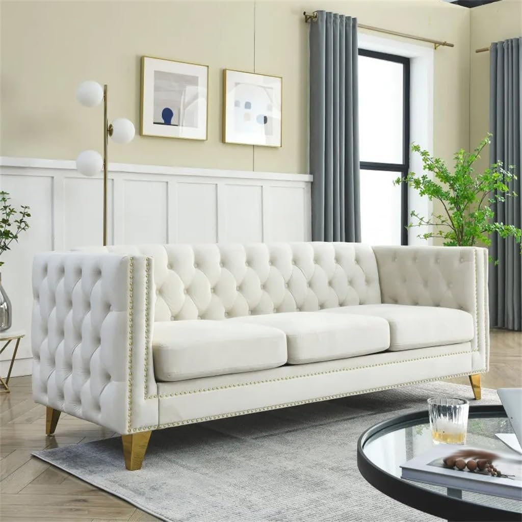 Beige Velvet Sofa,Buttons Tufted Square Arm Couch, Upholstered with Button and Metal Legs