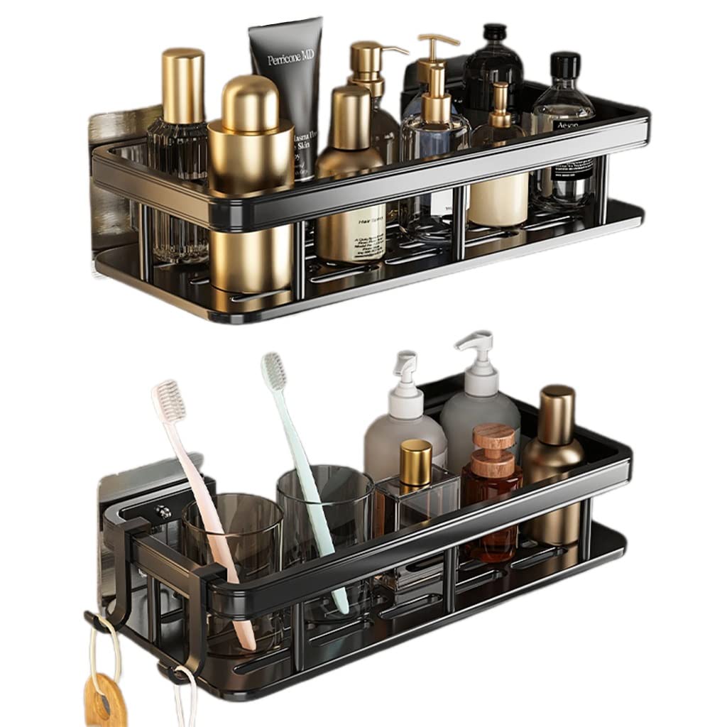 Duschablage, Eckduschablage, 2-Stöckige Duschablage, Selbstklebende Duschablagen Mit Haken, Wandmontage, Shampoo-Halter Für Badezimmer, Schwarz, 52687
