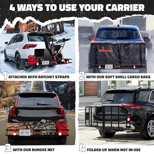Mockins 60"x20"x6" Heavy Duty Trailer Hitch Cargo Carrier w/License Plate Holder & 16 Cu.Ft. Waterproof Cargo Bag for Hitch Carrier | All-Weather 500 Lbs Cap Folding Luggage Rack for SUV Car & Truck