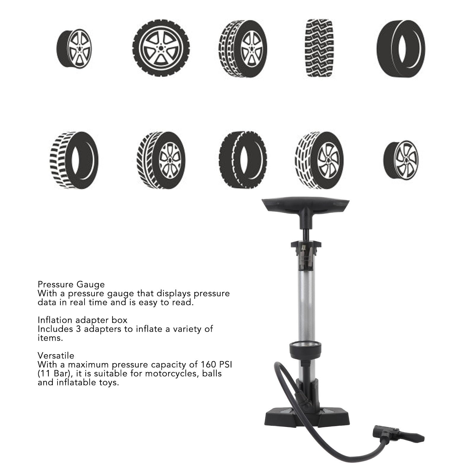 Bike Floor Pump with Gauge, 160 PSI High Pressure Aluminum Air Bike Pump Inflator for Basketbal Tires