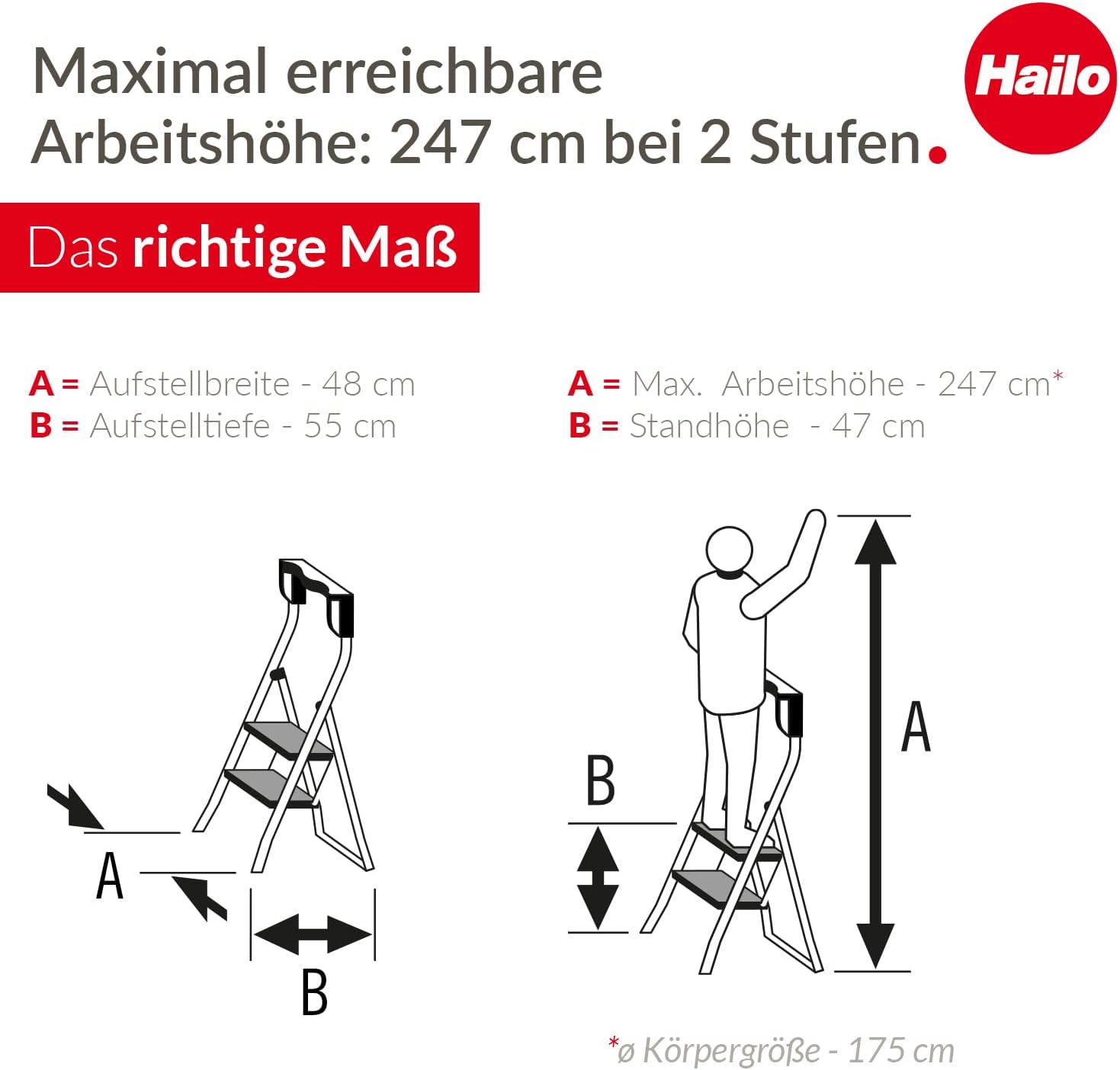 HAILO K75 ComfortLine Step Ladder – 2-Step Foldable Steel Stool with Safety Rail, Knee Support, Large Non-Slip Steps, Tool Tray, Hinged Lock, 330 lb Capacity, for Home & Indoor Use, Max Height 97.2"