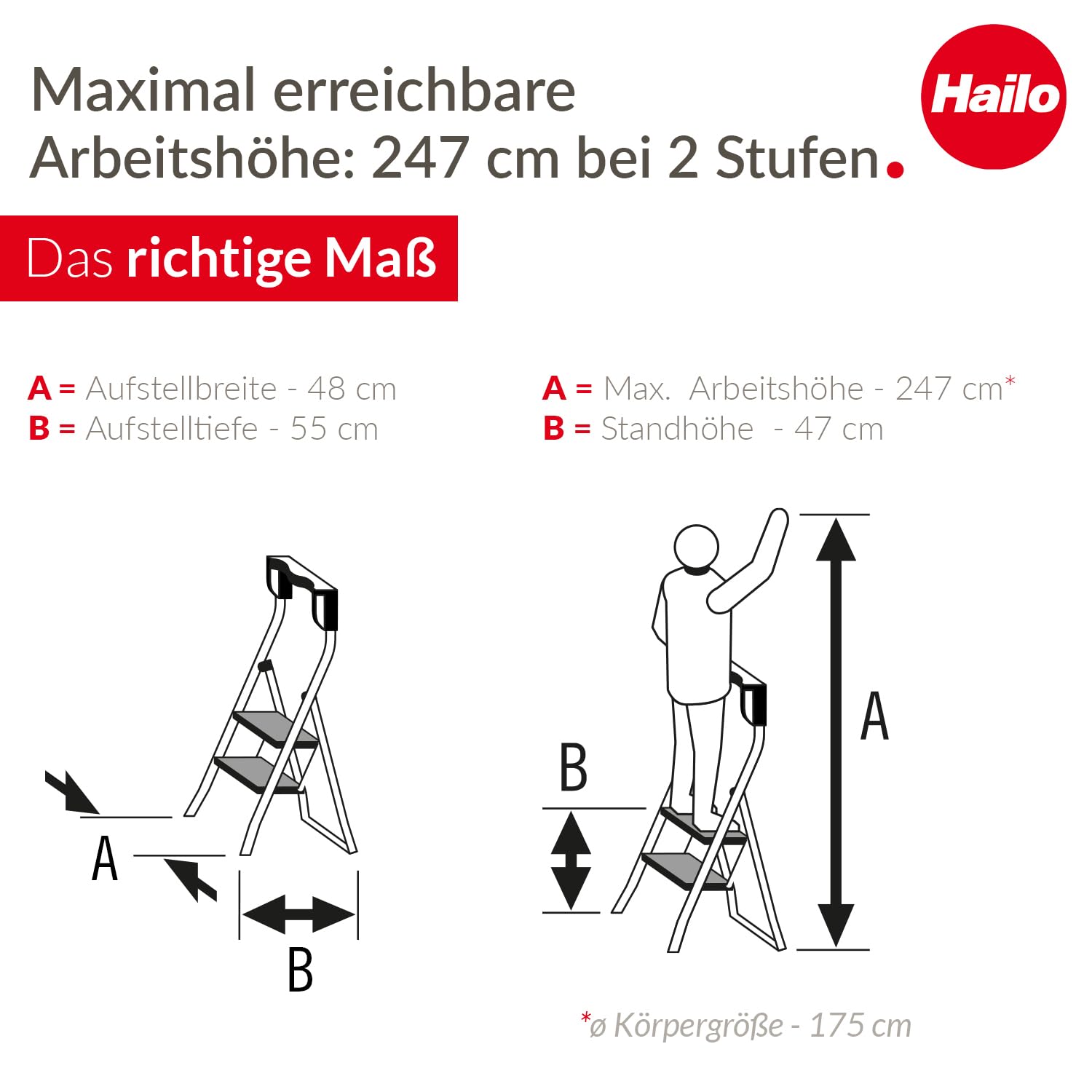 Hailo K77 ComfortLine Klapptritt - 2-stufige Trittleiter aus Stahl mit Sicherheitsbügel und Ablageschale - Arbeitshöhe bis 2,47 m - Gewicht: 5 kg - Schwarz