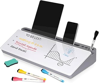 DOLLAR BOSS Glass Desk Whiteboard Small Dry Erase Board Desktop White Board with Storage Drawer Computer Keyboard Stand Desk Organizer Office Accessories School Supplies with 4 Markers 1 Eraser, Grey