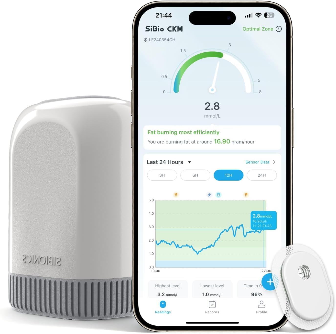 SIBIO KS3 Kontinuierliches Keton-Monitoring (CKM), 14-Tage Wearable-Sensor zur präzisen Ketose-Überwachung, Professionelles Echtzeit-Tracking für ketogene & Low-Carb-Diäten, kompatibel mit iOS/Android