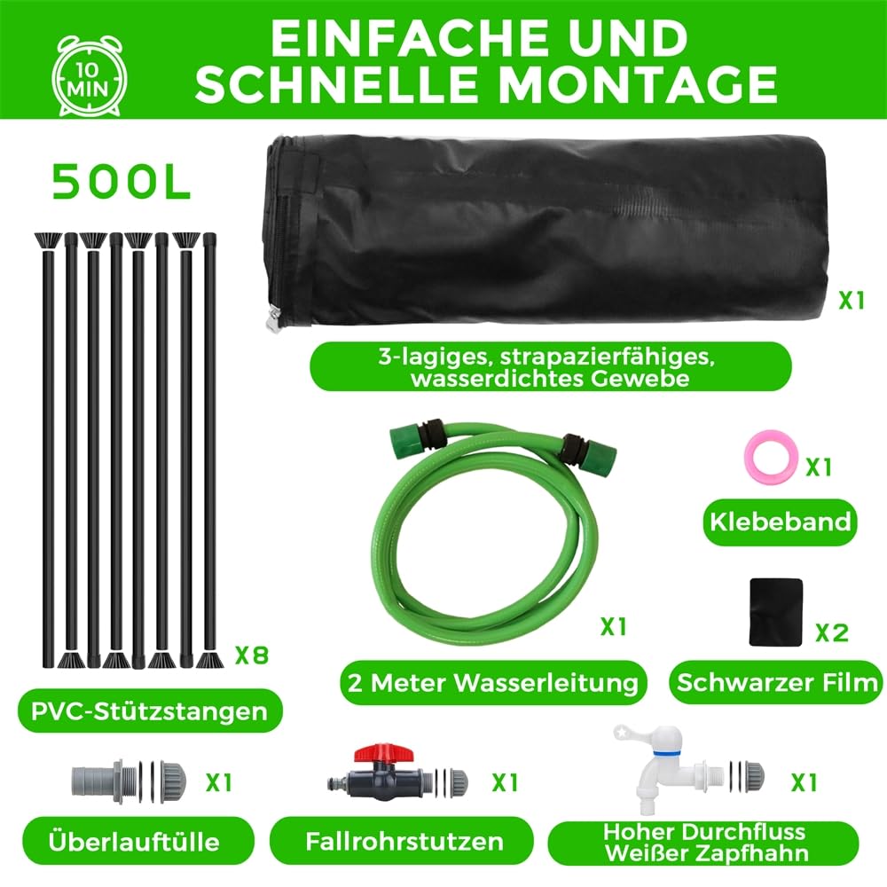 Melko Depósito de agua plegable de 1000 L con grifo y protección contra desbordamiento | Incluye manguera de 2 m con conexiones, 2 grifos para regadera y cubo, PVC resistente a los rayos UV, tapa con cremallera