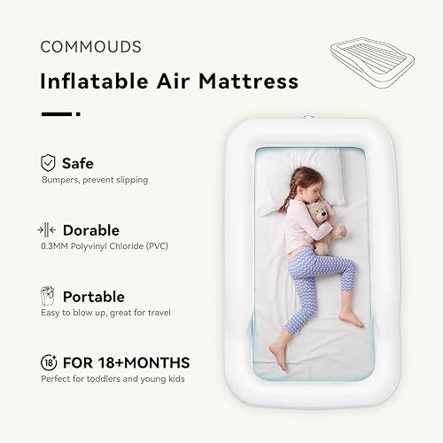 Miniatura 3 de COMMOUDS Cama de viaje portátil para niños pequeños con parachoques de seguridad, colchón inflable para niños con bomba eléctrica, colchón inflable