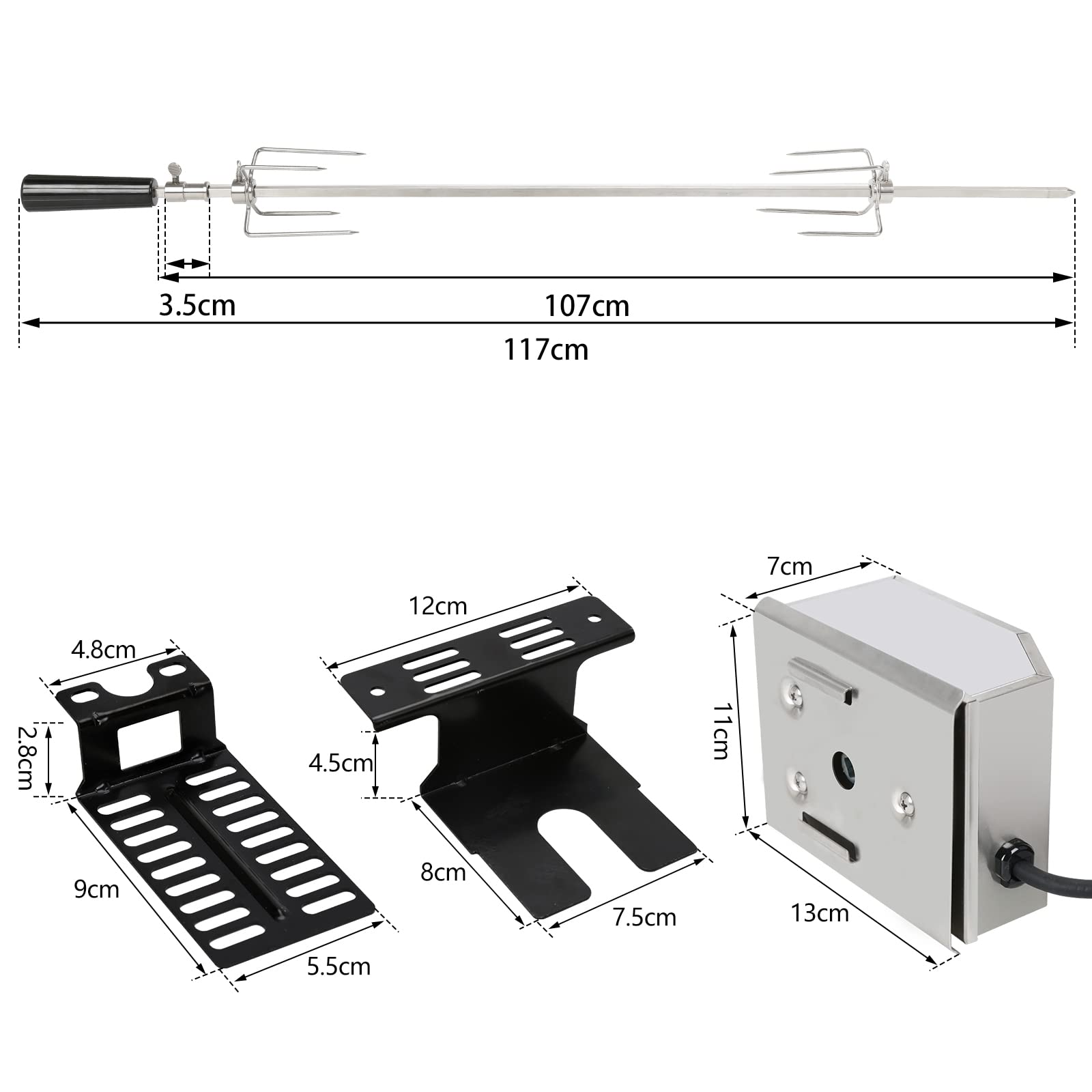 Girarrosto per Barbecue in Acciaio Inox,107 cm, con 2 aghi per Carne e Motore in Acciaio Inox, 220 V – 240 V, Spiedo Elettrico, Girarrosto Universale