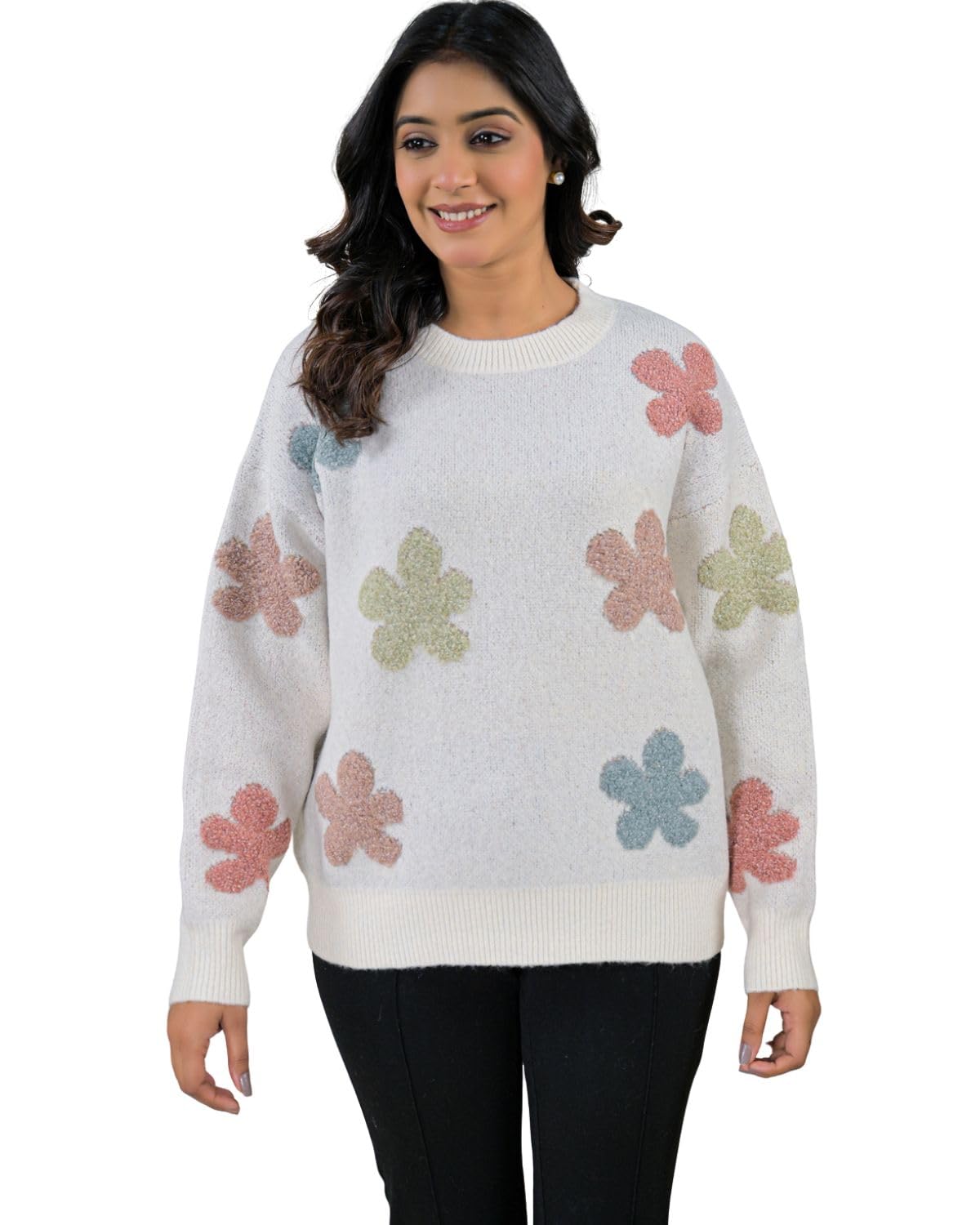 soul armor Womens Textured Flower Embellished Round Neck Knit Pullover Long Sleeve Cardigan-picture-36