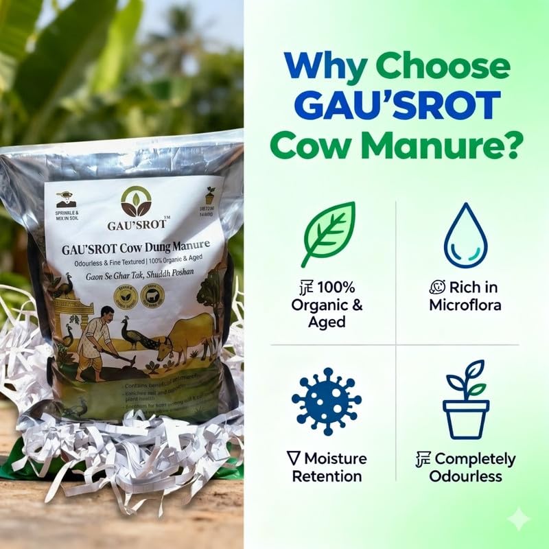 Image of GAU'SROT Cow Dung Manure Fertilizers Powder 3kg | Organic Fertilizer Compost for Indoor Outdoor Plants | Soil Conditioner for Home Gardening Plant Growth Water Retention Garden Use