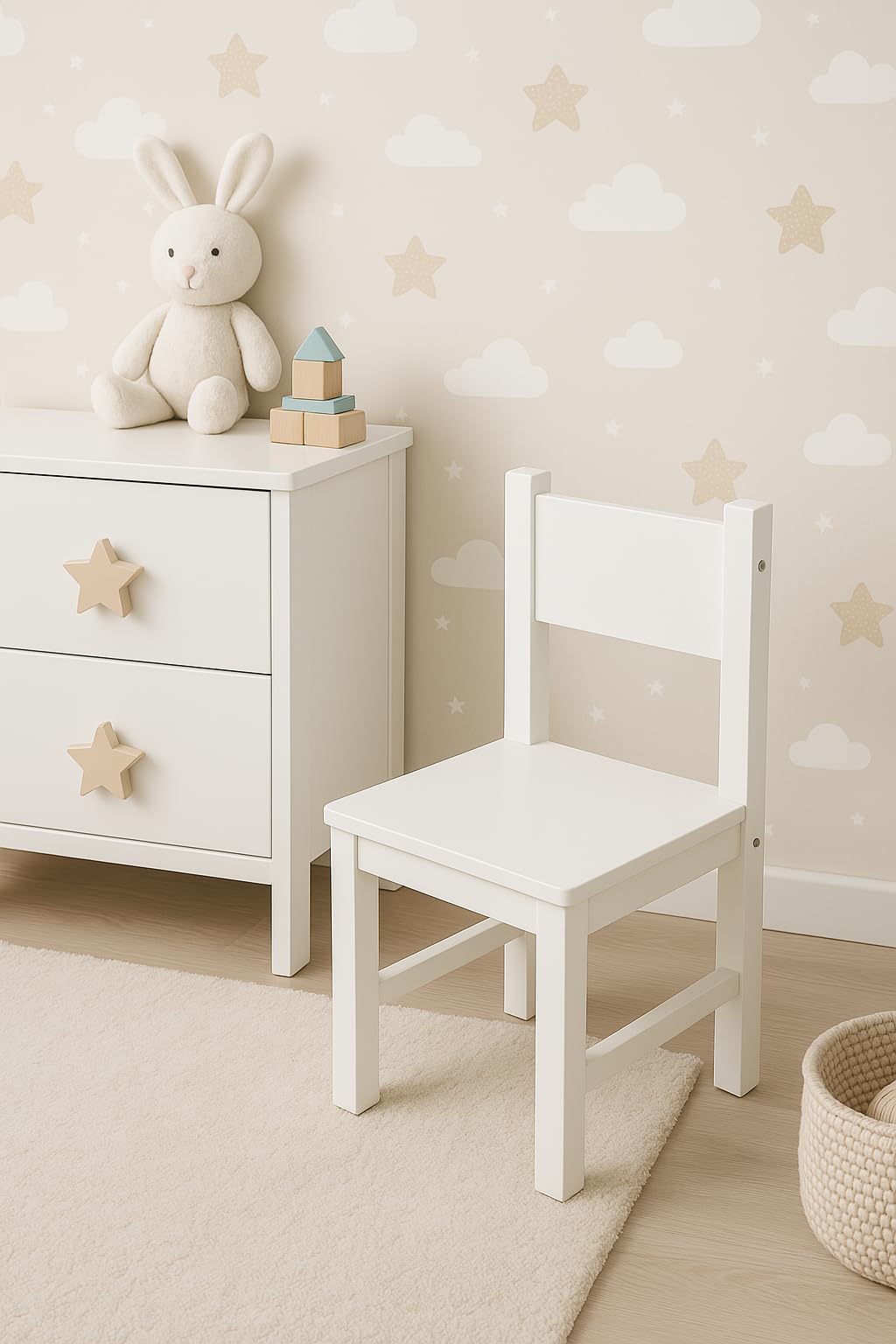 GRECA Silla Infantil lacada. En Madera Maciza. Lacada Blanca. Medidas (Ancho/Fondo/Alto): 28.5 * 28 * 60 cms. Altura hasta Asiento: 30 cms. Fácil Montaje.