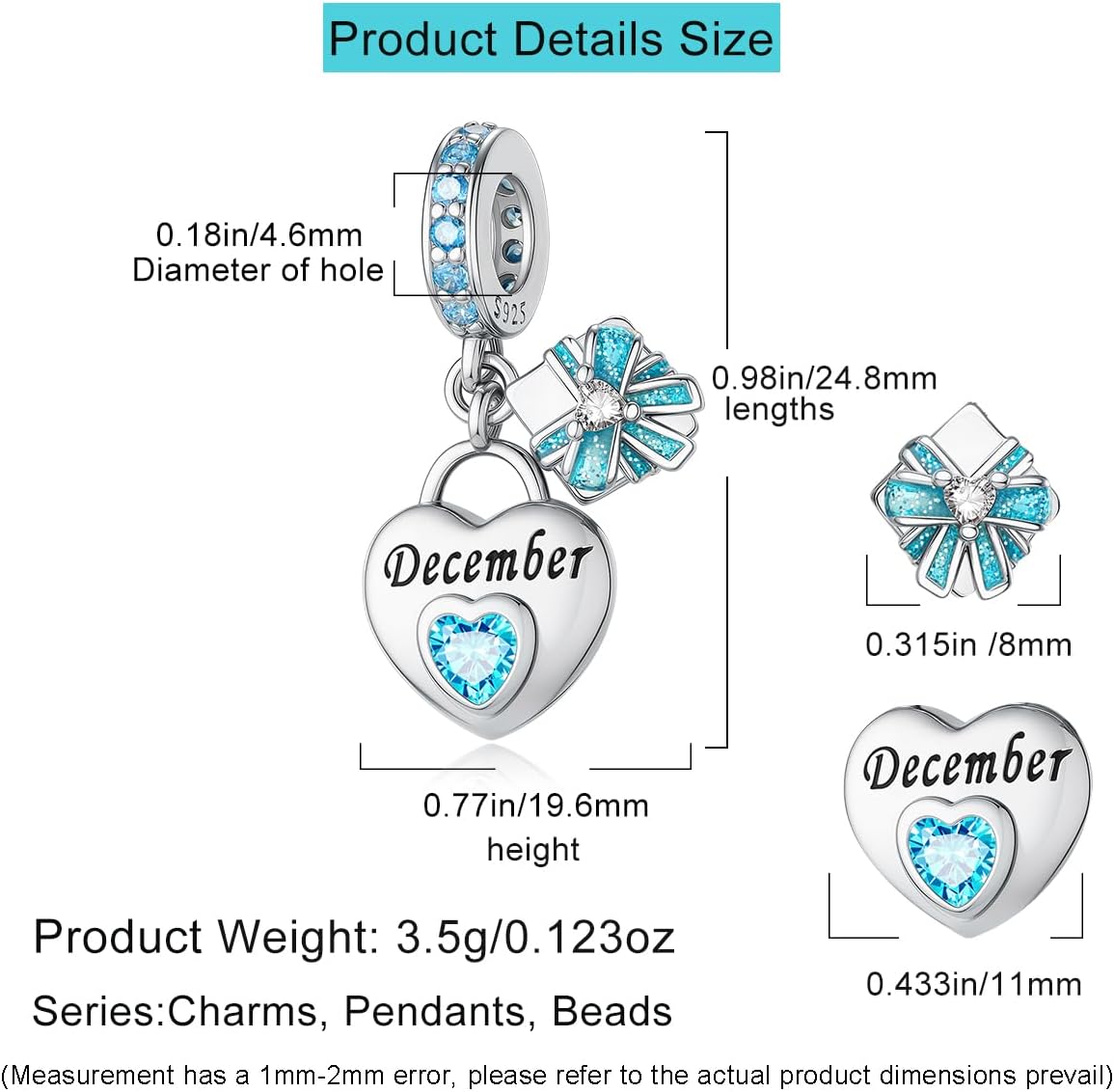 HappyStar 925 Sterling Silver Happy Birthday Bead Charm Love Heart Shape Birthstone Charms for Bracelets Dangle Pendant with 5A Cubic Zirconia Compatible Pandora Bracelets Jewelry Gift for Women - Image 4