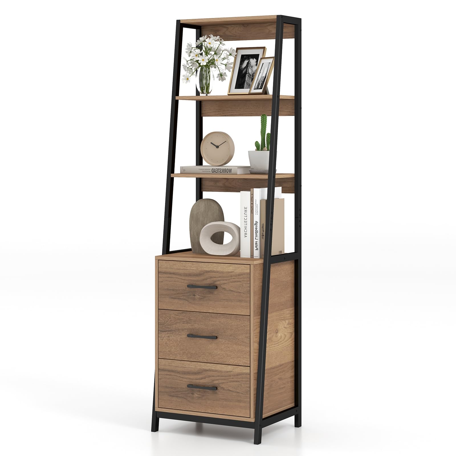 HOMASIS Librería con 4 Niveles y 3 cajones, Estantería de Madera y Estructura de Metal, Estantería Estilo Vintage de almacenaje Organizador para salón, Oficina, Cocina, 51x40x175cm (Natural)