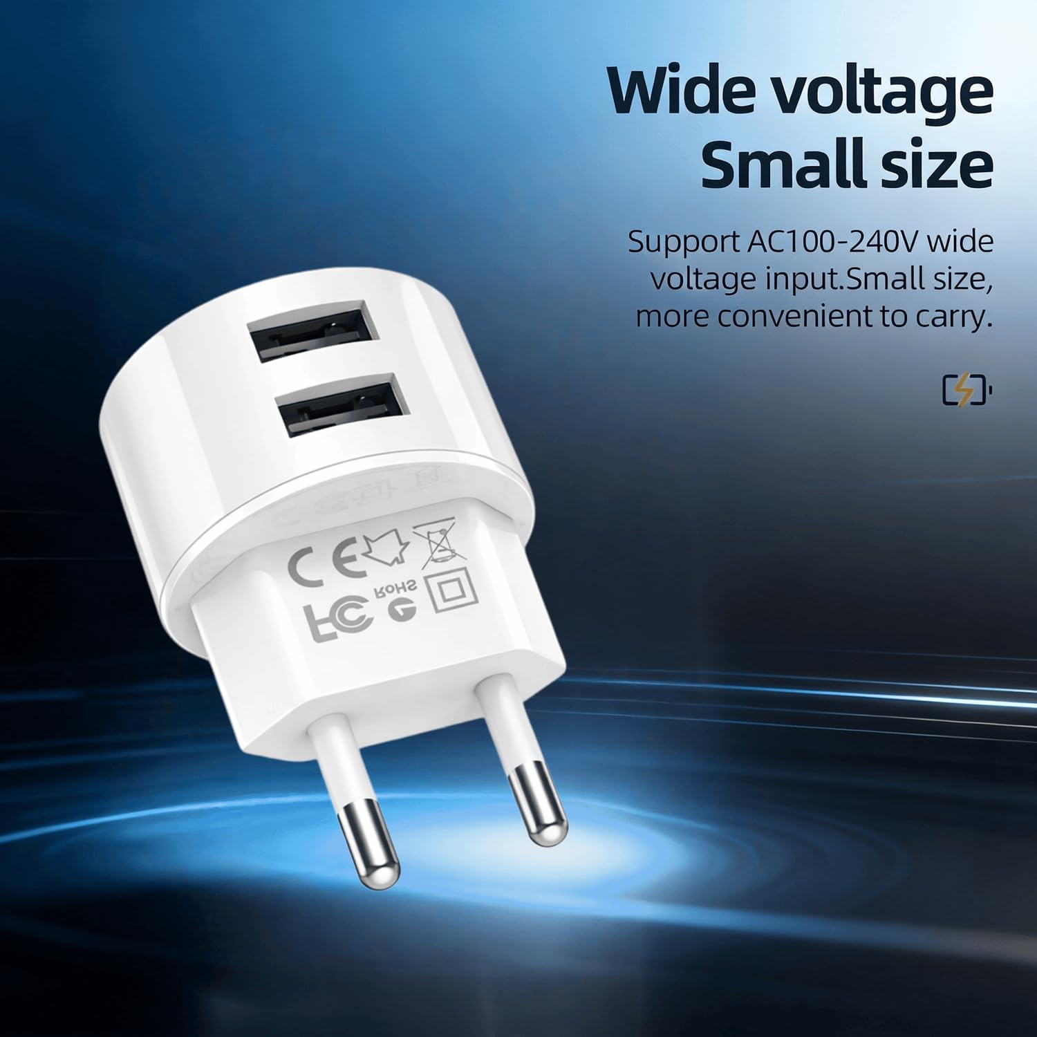 Caricatore USB C, 5 V, 2,1 A, 2 porte, alimentatore di rete USB piatto, adattatore di presa USB con cavo di ricarica USB-C per smartphone/tablet/lettori MP3-MP4/e-book/navigatore/ecc