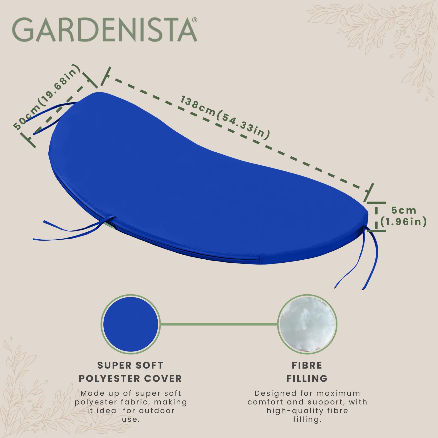 Gardenista Cuscino per panca da giardino curvo a banana, 138 x 50 cm, spesso resistente all'acqua per esterni, con lacci di sicurezza, cuscino morbido e confortevole, per mobili da patio, cuscino