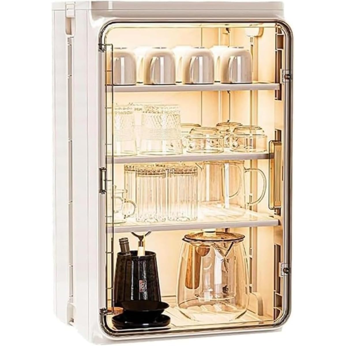 Tabletop Cupboard, Cup and Rice Bowl Storage and Dish Drying Box, 2 Tiers and 3 Tiers, with Door, L (Beige, L)