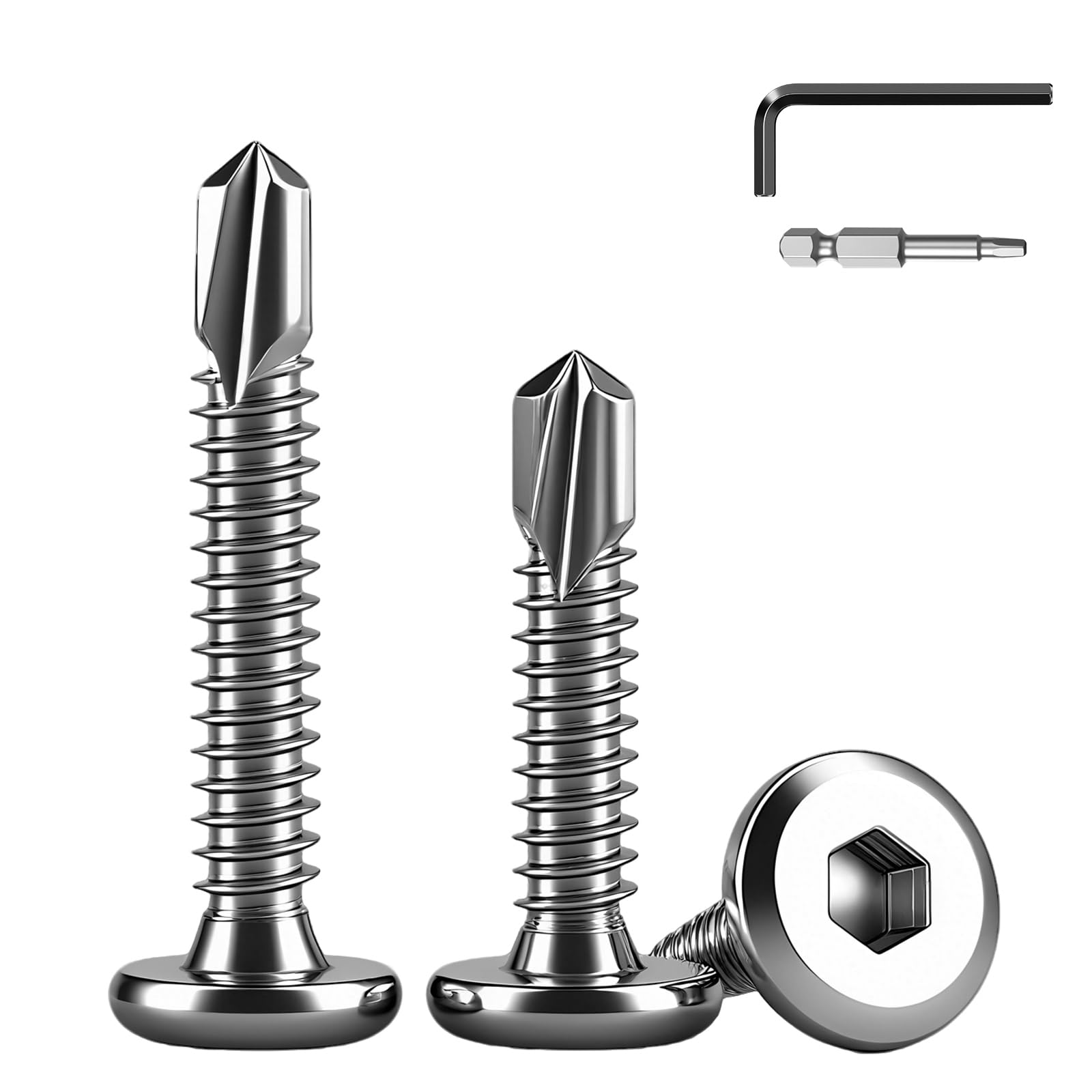 QANCEN 60 pcs Self Tapping Screws 5.5x16mm, 410 Stainless Steel Flat Head Hex Socket Self Drilling Screws with Screwdriver Bit, Allen Key
