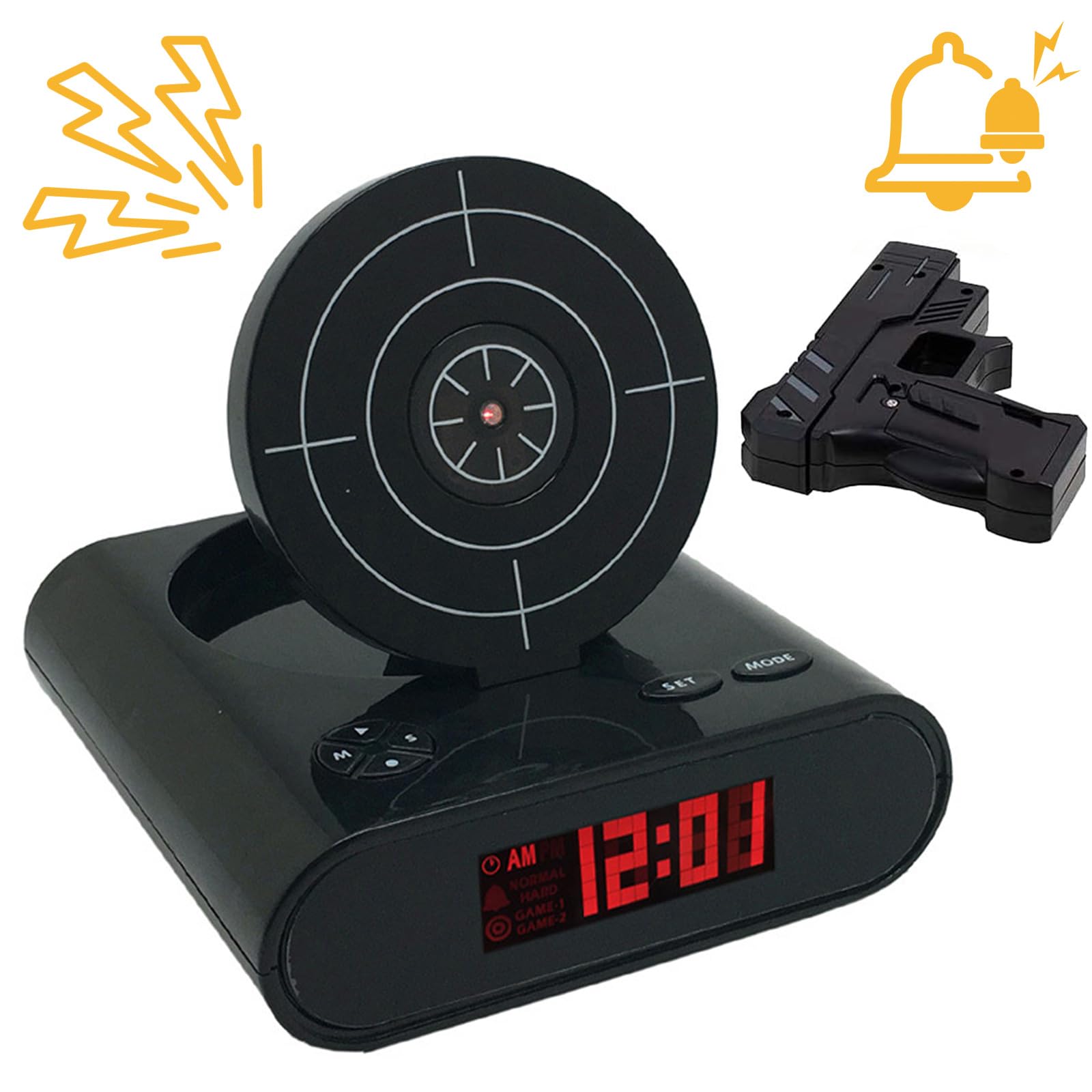 Reloj despertador con pistola y pantalla LED, reloj despertador personalizado, personalización de tonos de llamada, 2 modos de alarma para personas que duermen con mucha fuerza, novedad para niños y