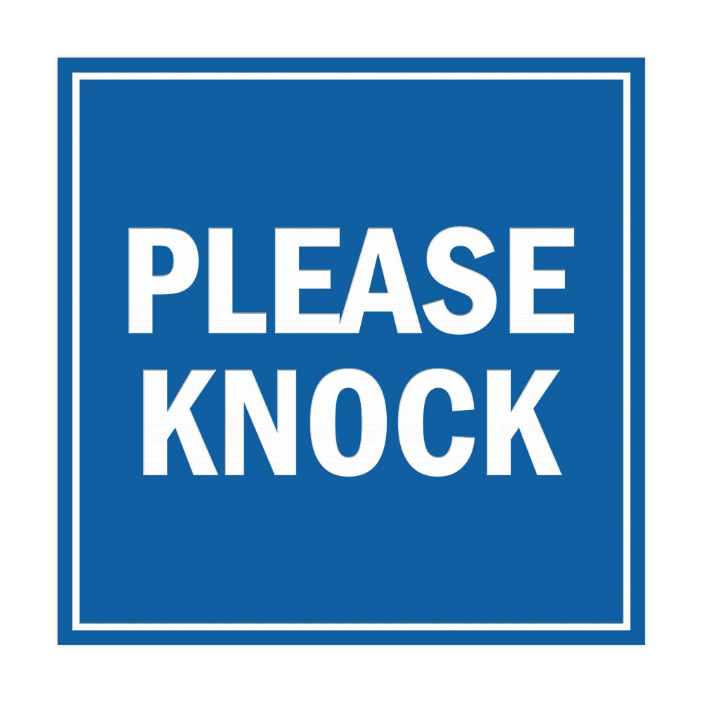 Square Please Knock Sign with Adhesive Tape, Mounts On Any Surface (Blue) - Small