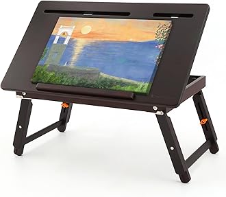 Nnewvante Drawing Table Foldable Drafting Desk with Adjustable Height & Angle Bamboo Drawing Board Easel with Tablet and Phone Slots for Painting, Drafting, Writing, Reading