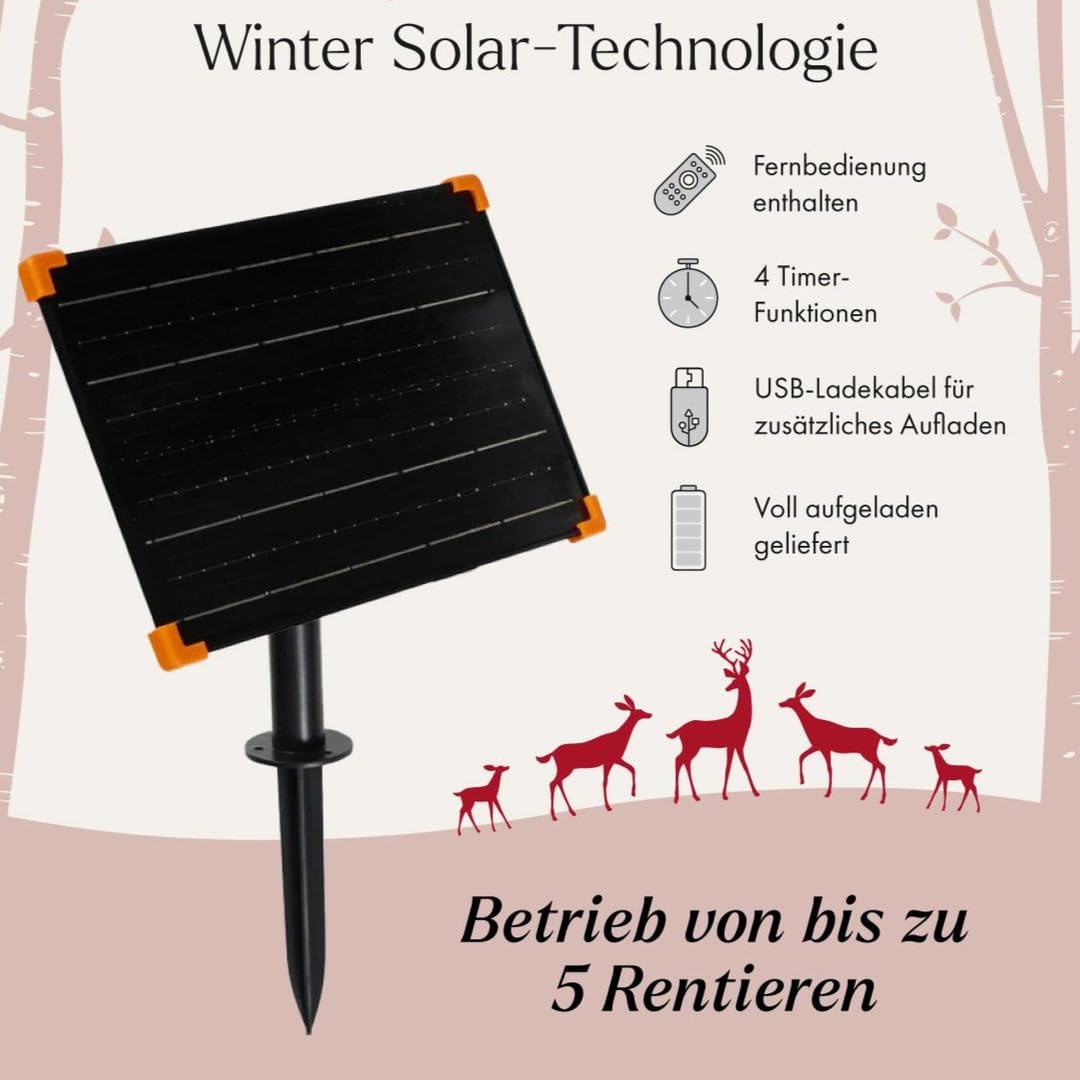 Lights4fun Grasendes Studley -LED-Rentier | Hirschkuh | Solarbetrieben | mit Timer, Fernbedienung & USB-Ladekabel | Weihnachtsdekorationen für draußen | Höhe 100 cm