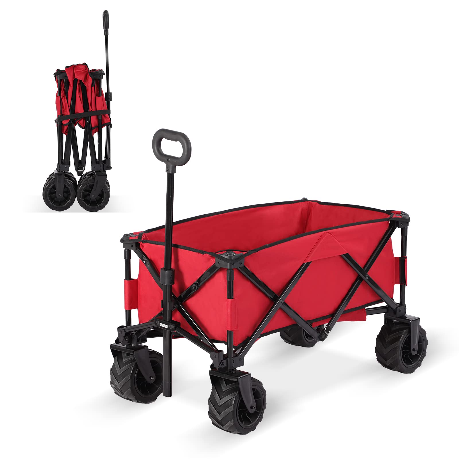 JOVNO Heavy-Duty Utility Wagon Patio Garden Cart Collapsible Wagon w/ 360 Degree Swivel Wheels & Adjustable Handle for Camping and Picnic, 150lbs Capacity