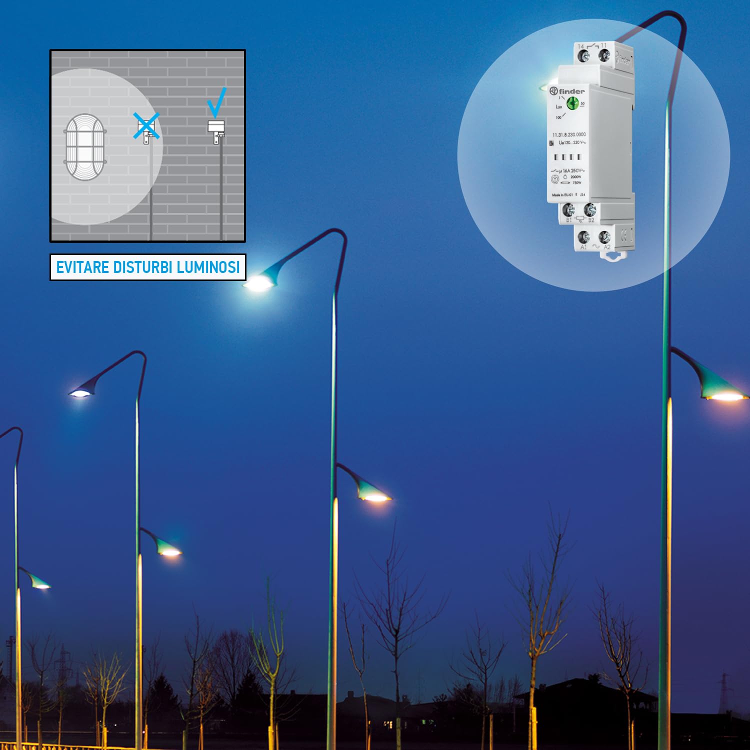 Finder Relè Crepuscolare Tipo 11.31 per accensione lampade in funzione del livello di luminosità dell'ambiente. Basso consumo in stand-by. Con 1 contatto NO 16 A. Elemento fotosensibile separato