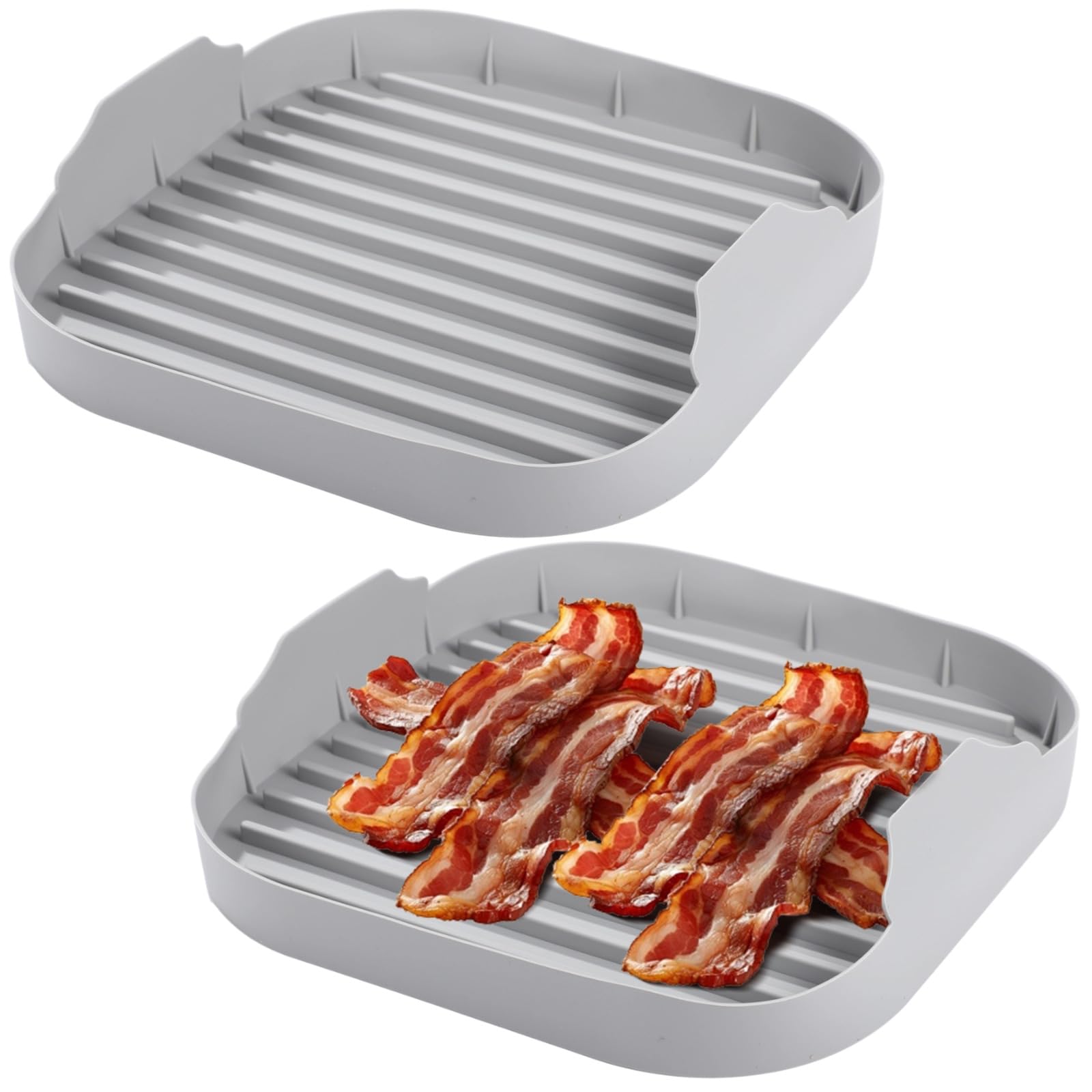 2 Stück Mikrowellen-Bacon-Garer aus Silikon, Bacon-Schalen für Mikrowellen, erhöhter Rillenboden zum Auffangen von Fett, schnelles Erhitzen, spülmaschinenfest, 25 x 25 x 5 cm