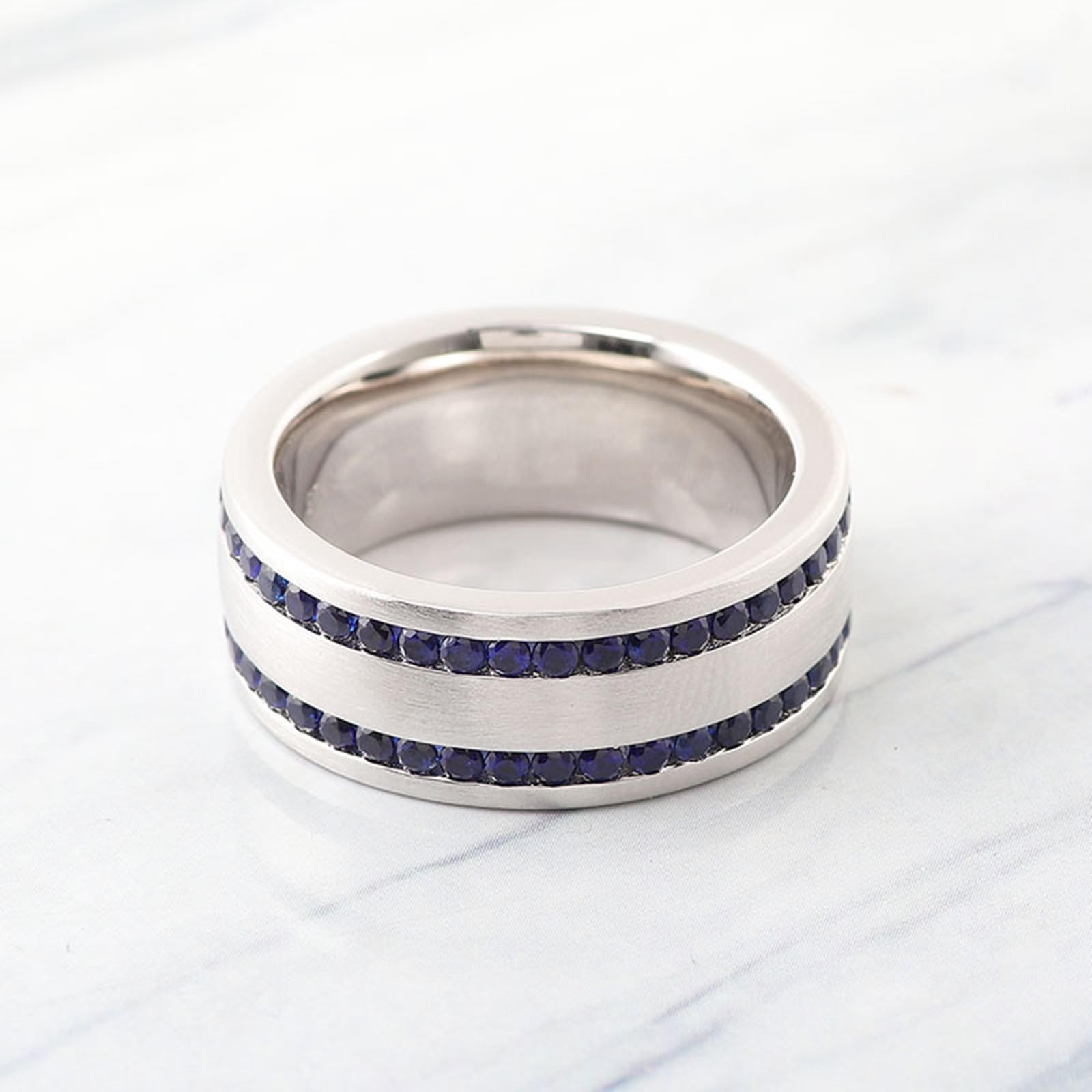 Alianzas decorativas para boda, anillo ancho, mate, cristal cepillado con zafiro redondo sintético