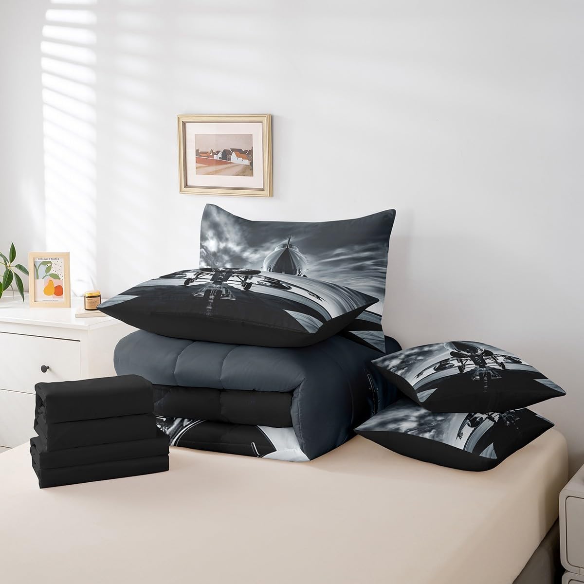 Erosebridal Aviation Aircraft 7 Piece Comforter Set Full Bed in a Bag,Airplane Aeroplane Bedding Sets Plane Airliner Sheet Set with Comforter