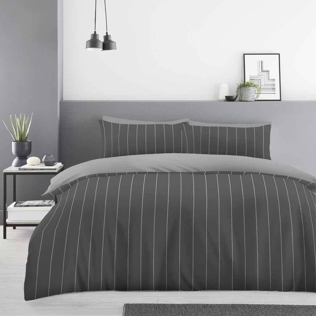 Lions Single Duvet Cover Set - 100% Polyester Reversible Printed Pattern Quilt Bedding with Pillowcase, Soft Striped Pattern, Bed Linen, Charcoal Grey