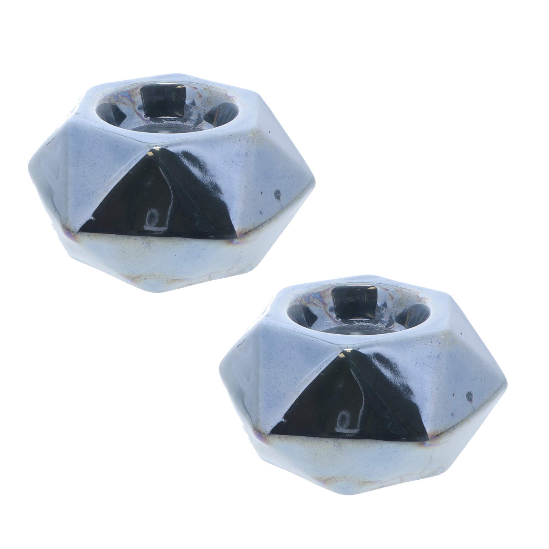 Geometric Cut Slate Blue Ceramic Tea Light Holder - Set of 2-Small