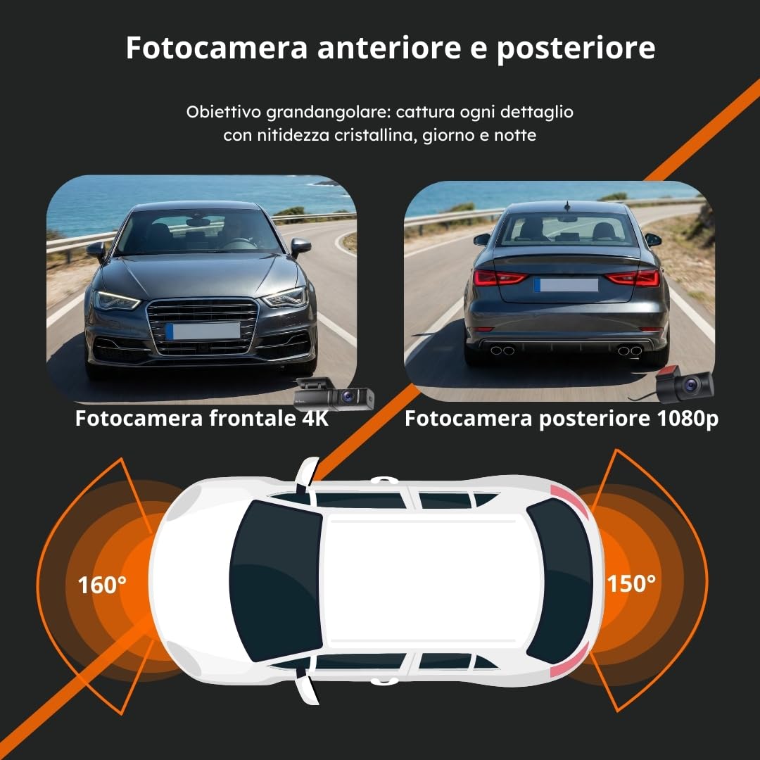 Faas S80 Dash Cam Auto 4K Fronte e Retro – Telecamera per Auto con Scheda 64GB Inclusa, WiFi, Visione Notturna, G-Sensor, Modalità Parcheggio & Grandangolo 160°