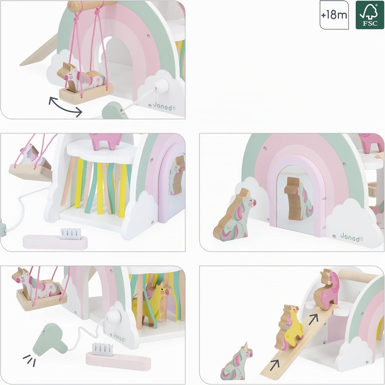 Janod Casetta di Legno con Unicorno, Tema Unicorno, Giocattoli di Legno FSC, Include 6 Accessori- 4 unicorni, 1 asciugacapelli, 1 Spazzola, 1 Altalena, 1 Scivolo, da 18 Mesi, J08591