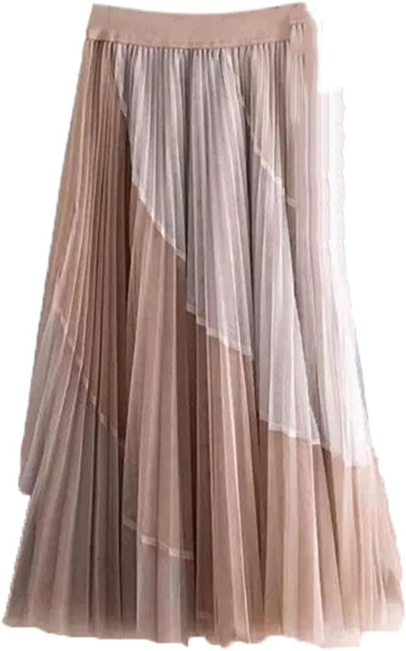 Women's Layered Mesh Maxi Skirt Elastic High Waist with Lace Detail Flowy Pleated Gauze for Everyday Wear